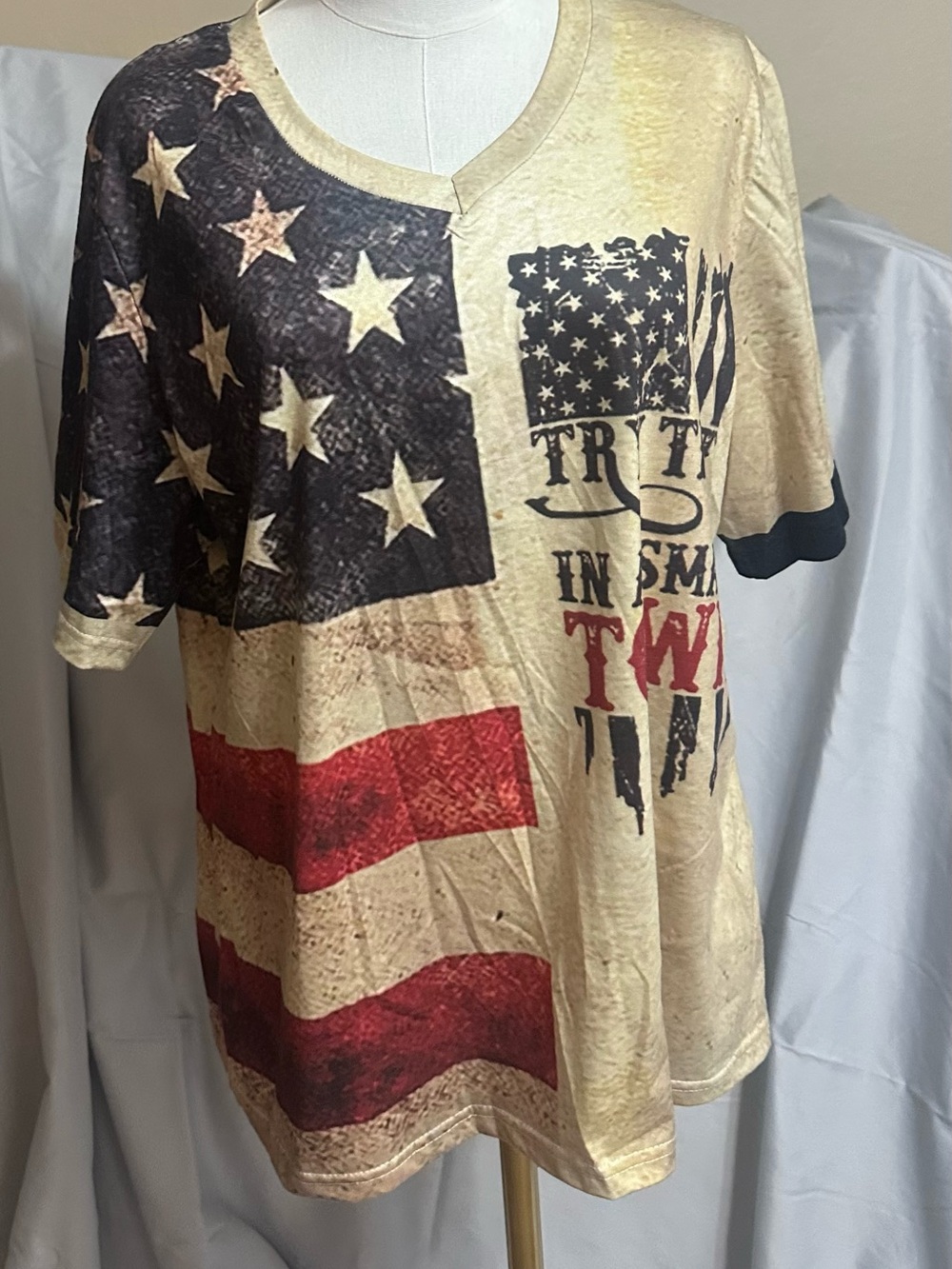 TRY THAT IN A SMALL TOWN - Short Sleeve Tee in Cream, Red & Blue